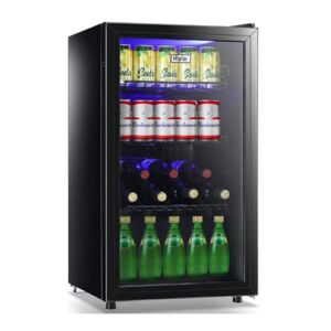 WANAI Beverage Cooler Refrigerator 120-Can Small Mini Fridge for Home, Office or Bar with Glass Door and Adjustable Removable Shelves，Perfect for Soda Beer or Wine, Stainless Steel, 3.5 Cu.Ft.