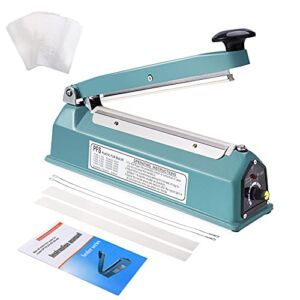 Suteck 8 inch Impulse Bag Sealer, Manual Poly Bag Sealing Machine w/Adjustable Timer Heat Seal with 50Pcs 4X6 Inch Shrink Wrap Bag and 2 Free Replacement Kit