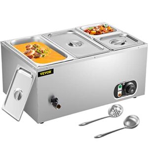 VEVOR 110V Commercial Food Warmer 2×1/3GN and 2×1/6GN, 4-Pan Stainless Steel Bain Marie 14.8 Qt Capacity, 1500W Steam Table 15cm/6inch Deep,Temp. Control 86-185, Electric Soup Warmer w/Lids & 2 Ladles