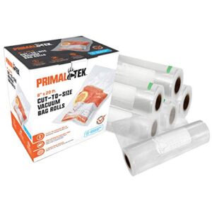 PrimalTek Cut-to-Size Vaccuum Bag Rolls – User Friendly for Food Savers – Microwave, Freezer and Boil Safe, BPA-Free, Compatible with Most Vacuum Seal Machines (8” x 20′ (6 Rolls))
