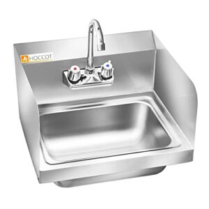 HOCCOT 304 Stainless Steel Sink, Wall Mounted Commercial Restaurant Sink, Hand Washing Sink with Side Splashes, Utility Sink for Restaurant, Kitchen, Bar, Outdoor, Garage, 17″x 15″
