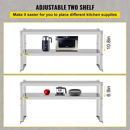 VEVOR Double Overshelf, Double Tier Stainless Steel Overshelf, 48 x 12 x 24 in Double Deck Overshelf, Height Adjustable Overshelf for Prep & Work Table in Kitchen, Restaurant | The Storepaperoomates Retail Market - Fast Affordable Shopping