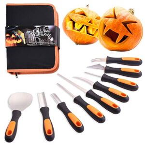 7Felicity Professional Halloween Pumpkin Carving Kit, Anti-Slip Rubber Handle, 9 Piece Stainless Steel Pumpkin Carving Tools Knife Set for Halloween DIY Decoration, with Storage Bag