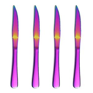 Rainbow Steak Knife Set, Kyrtaon Colorful Serrated Knife, Titanium Mutil-color Plating Stainless Steel Sharp Knives Set, Dinner Knifes Set of 4, Dishwasher Safe Sturdy And Easy To Clean