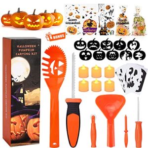 Pumpkin Carving Kit for Kids, 6 Easy Halloween Pumpkin Carving Tools Set, 6 LED Candles, 10 Carving Stencils & 20 Halloween Cellophane Candy Bags