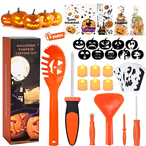 Pumpkin Carving Kit for Kids, 6 Easy Halloween Pumpkin Carving Tools Set, 6 LED Candles, 10 Carving Stencils & 20 Halloween Cellophane Candy Bags | The Storepaperoomates Retail Market - Fast Affordable Shopping