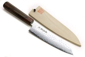 Yoshihiro NSW 46 Layers Hammered Damascus Santoku Japanese Multipurpose Chef Knife 7 IN with Natural Magnolia Saya Cover