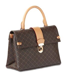Rioni Signature Brown ST-20296 Lulu Canvas Leather Mini Top Handle Carrier Handbag Shoulder Bag