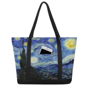 Van Gogh Starry Night Canvas Totes Shoulder Bag for Women Girls, Art Painting Handbag with External Pockets Daily Essentials Large Top Zipper Cloth Bag