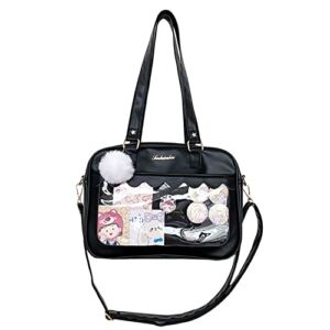 Lolita ITA Bag with Insert Pin Display,Anime Cosplay Shoulder Bag,JK Messenger Crossbody Bag,PU Leather Kawaii Purse forWomen (Black)