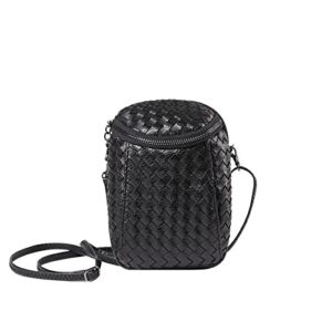 evoon Tow Zip Small Crossbody Bag for women,Mini Woven Leather Cell Phone Purse Shoulder Sling Bag Wallet for Laides Travel Favorites Black
