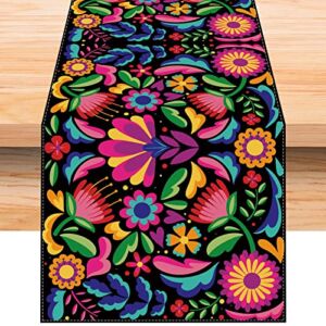 Jiudungs Linen Mexican Fiesta Table Runner 90 Inches Long Cinco De Mayo Tablecloth Dia De Los Muertos Decor Day of The Dead Decorations and Supplies for Home