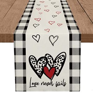 Valentines Day Table Runner Love Never Fails Buffalo Plaid Heart Valentine’s Day Decorations Anniversary Wedding Party Home Kitchen Dining Decor 13 x 72 Inch