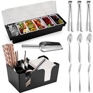 Ice Cooled Condiment Serving Container Chilled Garnish Tray Bar Caddy with 6 Compartments Stainless Steel Ice Scoop 3 Metal Mini Serving Tongs 3 Fruit Fork and 3 Spoons for Food Home Party Kitchen