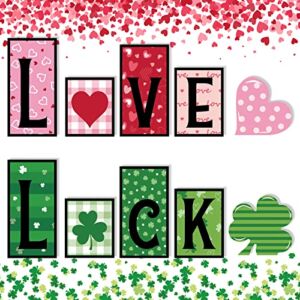 6 Pcs Valentines Day and Reversible St Patricks Day Wood Signs, Double Side Printed Free Standing Blocks, Heart Shamrocks Table Centerpiece Decor, Love Luck Farmhouse Sign for Tiered Tray