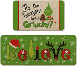 EOHX Grinch Christmas Decorations Kitchen Rugs and Mats Set of 2,Non-Slip, Washable, Stain and Fade Resistant, Suitable for Indoor Holiday Parties 17x 44+17×24 Inches