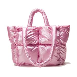 Large Puffer Tote Bag, Trendy Luxury Chic Quilted Cotton Padded Designer Handbags for women, Winter Soft Puffer Shoulder Bag Nylon Down Pillow Bag Women’s Handbags & Shopper Bag (Z-Shiny_Pink)