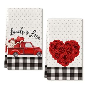 ARKENY Valentine Day Kitchen Towels Grey Polka dot Red Truck Dish Towels 18×26 Inch Ultra Absorbent Wedding Drying Cloth Red Rose Sign Hand Towel for Valentine Decorations Set of 2