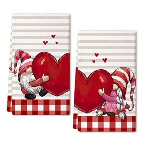 ARKENY Valentine Day Kitchen Towels Red Heart Dish Towels 18×26 Inch Ultra Absorbent Wedding Drying Cloth Gnome Sign Hand Towel for Valentine Decorations Set of 2