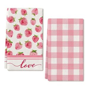 ARKENY Valentine Day Kitchen Towels Pink Strawberry Dish Towels 18×26 Inch Ultra Absorbent Wedding Drying Cloth Love Sign Hand Towel for Valentine Decorations Set of 2