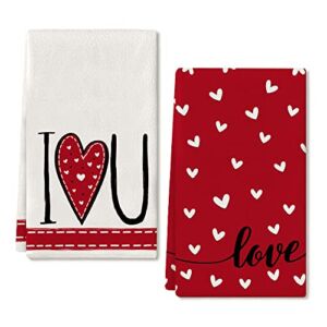 ARKENY Valentine Day Kitchen Towels Red Heart Dish Towels 18×26 Inch Ultra Absorbent Wedding Drying Cloth I Love U Sign Hand Towel for Valentine Decorations Set of 2