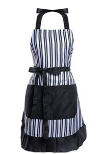 Alex Virtue Lovely Flower Pattern Retro Aprons With Large Pockets for Women Girls Cooking Kitchen Bakery Mother’s Gift (Black Stripe)