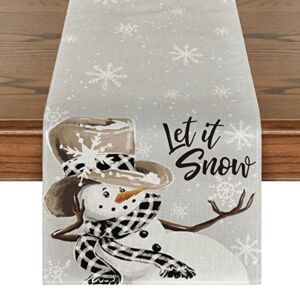 Artoid Mode Grey Snowman Snowflake Let it Snow Christmas Table Runner, Seasonal Winter Kitchen Dining Table Decor for Home Party Indoor 13×90 Inch