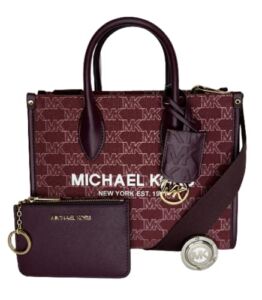Michael Kors Mirella Small Shopper Top Zip Bag bundled with Michael Kors SM TZ Coinpouch and Michael Kors Purse Hook (Mulberry Logo/Bordeaux)