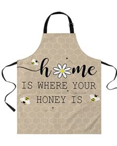 LEOKOTI Cute Bee Black Home Is Where Your Honey Is Aprons for Women Men with 2 Pockets, Brown Hive Backdrop Waterproof Kitchen Aprons Adjustable Chef Apron for Cooking 26.5″x35″