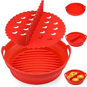 8.5 inch Air Fryer Silicone Liners, Reusable Silicone Air Fryer Basket, Heat Resistant Air Fryer Silicone Pad with Divider,Non Stick Silicone Baking Tray for 5qt or Bigger-Air Fryer Oven (Red)