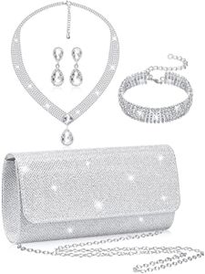 Meanplan 4 Pieces Silver Clutch Purses For Women Evening Rhinestone Crystal Jewelry Set Bridal Wedding Choker Bracelet Dangle Bling Glitter Purse (Modern Style)