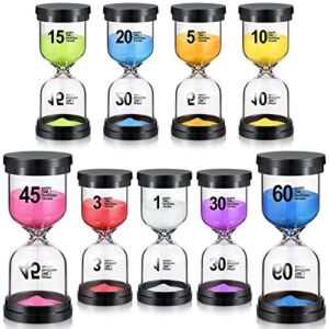 9 Pieces Sand Timer Colorful Hourglass Sand Clock Timer 1/3/5/10/15/20/30/45/60 Minutes Sandglass Timer for Kitchen Home Office Classroom Games Cooking Kids, 9 Colors