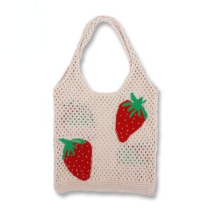 Fairycore Hobo Bag Y2K Fairy Grunge Strawberry Crochet Tote Bag Aesthetic Indie Shoulder Handbags Mesh Purse Accessory (Beige,21.5″x12.5″)