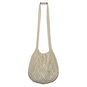 Grunge Crochet Tote Bag Y2K Fairycore Shoulder Handbags Aesthetic Knitted Crossbody Bags Purse Accessories (Beige,14.5″x29.5″)