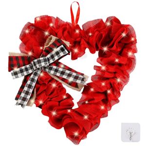 Sggvecsy 18.1’’ Valentines Day Heart Wreath Red Burlap Heart Shaped Ornaments with Buffalo Plaid Bows LED Lights for Front Door Wedding Party Decorations