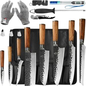 FULLHI 14pcs Butcher Chef Knife Set include sheath High Carbon Steel Cleaver Kitchen Knife Whole Tang Vegetable Cleaver Home BBQ Camping with Knife Bag,Meat Thermometer…