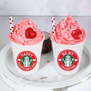 Valentines Day Decor 2 Pack Mini Heart Lip Cups with Faux Whipped Cream for Tiered Tray Decor, Valentines Day Decorations for Home Table Party Office Classroom, Funny Valentines Day Gifts for Her Kids