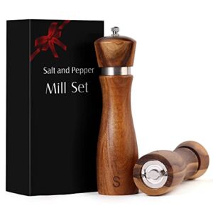 Vicenza Home Kitchen Wooden Salt and Pepper Grinder Set: Refillable Salt & Pepper Mills Adjust for Customized Coarseness, Crafted of Solid Acacia Wood with Stainless Steel Core, 8 Inches Each