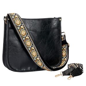Erideno Crossbody Bags for Women, Leopard Guitar Strap Purse, Fashion Vegan Faux Leather Shoulder Bag, Designer Handbags with 2 Strap(Black)