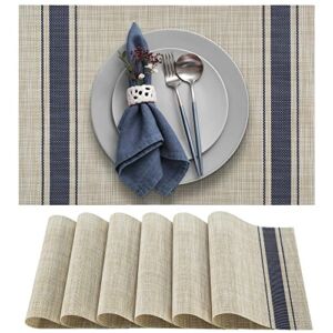 More Décor Dining Table Placemats, Washable Heat-Resistant PVC Vinyl Table Mats for Dining Room and Kitchen, Anti-Slip – Set of 4 – Vertical Striped Blue – Grey