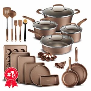 Cookware Set – 23 Piece –Gold Multi-Sized Cooking Pots with Lids, Skillet Fry Pans and Bakeware – Reinforced Pressed Aluminum Metal – Suitable for Gas, Electric, Ceramic and Induction by BAKKEN Swiss