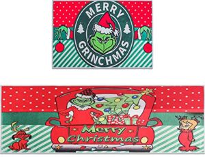 Grinch Christmas Decorations Kitchen Rugs and Mats Set of 2, The Grinch Christmas Decor of Winter Holiday Party and Home Kitchen, Non-Slip, Washable, Stain and Fade Resistant – 16×24 and 16×47 inch
