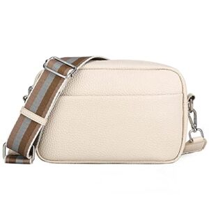 Crossbody Bag for Women, Small Leather Camera Purse Thick Strap Cross-body Bags, Triple Zip Shoulder Handbag with Guitar Strap, Beige