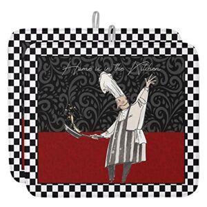 Cartoon Chef Gourmet Dish Drying Mat for Kitchen Counter, Home is in The Kitchen Dish Mat Drying Kitchen Mat, Black White Plaid Bottle Drying Mat Microfiber Absorbent Dishes Drainer Mats 16″x18″ 2 Pcs