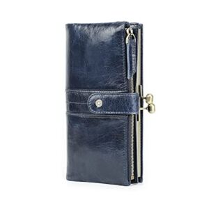 Contact’s Kiss Lock Wallet for Women Leather Clutch Wallet Vintage Coin Purse RFID Wallet Bifold Blue Card Phone Holder