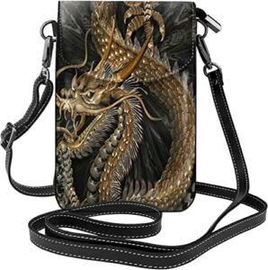 Women Cell Phone Purse Leather Crossbody Bag-Golden Chinese Dragon Mini Shoulder Bag Card Holder Wallet