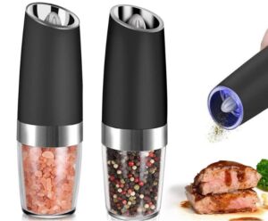Electric Salt & Pepper Grinders – Black One Hand Grinder – Gifts for Him, Gifts for Home, Stocking Stuffer – 2 Pack