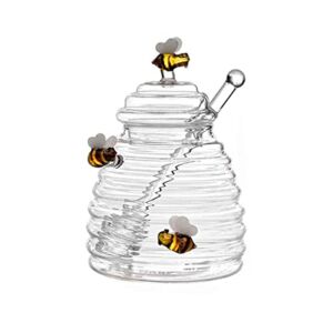 oAutoSjy Honey Jar with Dipper and Lid Transparent Beehive Honey Dish Decoration Glass Honey Pot for Home Kitchen Honey Dispenser with Bee Charms Crystal Honey Containers Holder for Store Jam Syrup