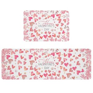 Kitchen Floor Mats, Valentine’s Day Love with Watercolor Leaf 2 PCS Anti Fatigue Area Runner Rugs Set Romantic Hearts Botanical Non-Slip Bathroom Comfort Standing Mat Home Decor