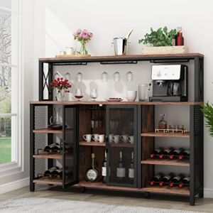 Gyfimoie Wine Bar Cabinet, 55 Inches Kitchen Sideboard Buffet Cabinet with Wine Rack Storage, Industry Coffee Bar Cabinet with Wine Rack and Glass Holder for Liquor and Glasses (Rustic)